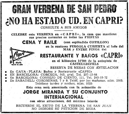 Anuncio de la Verbena de San Pedro del restaurante-balneario Capri de Gav Mar con la actuacin de Jorge Miranda publicado en el diario La Vanguardia el 28 de Junio de 1962